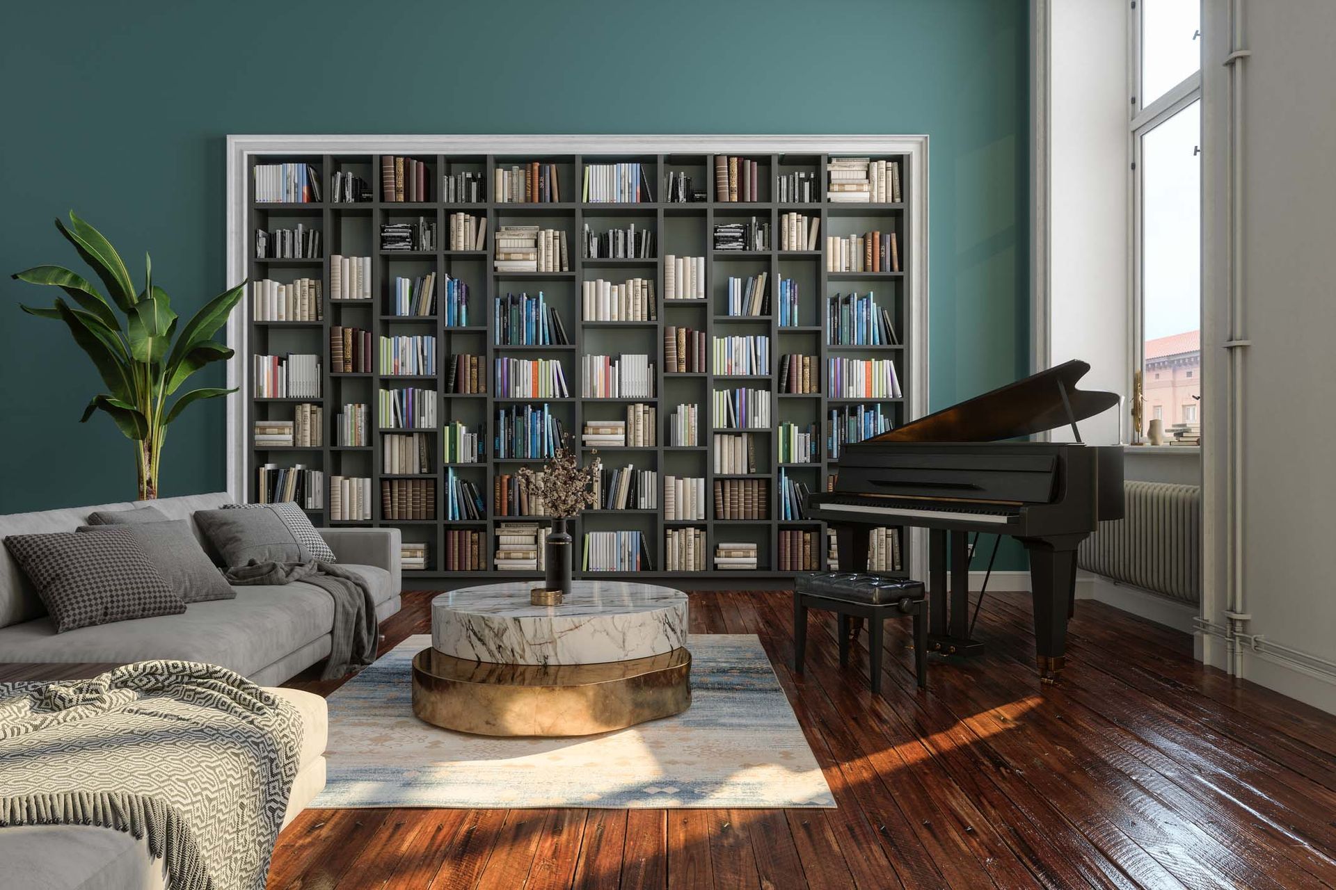 A living room with a piano and a large bookshelf