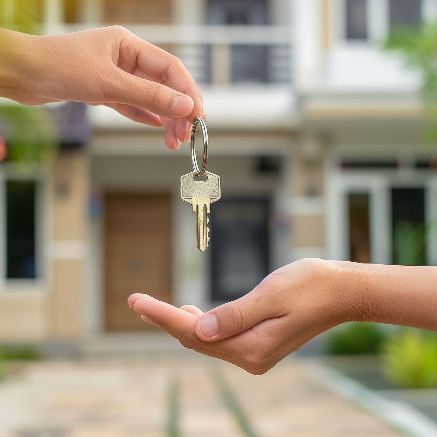 A hand passing keys to another hand in front of a house.
