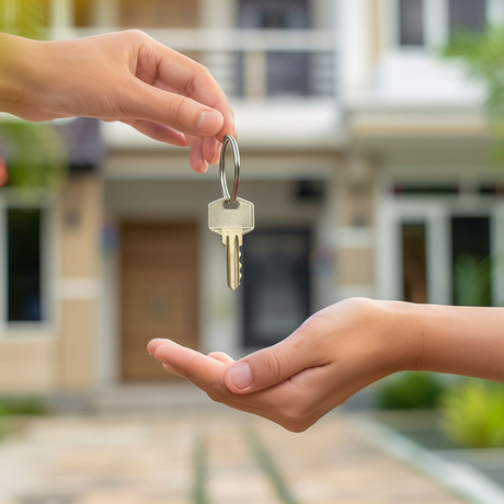 A hand passing keys to another hand in front of a house.