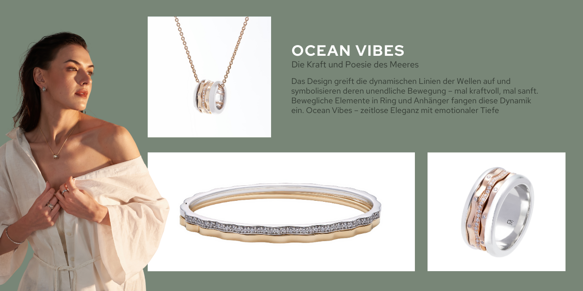 Eine Frau trägt eine Halskette und ein Armband mit der Aufschrift „Ocean Vibes“ auf der Unterseite