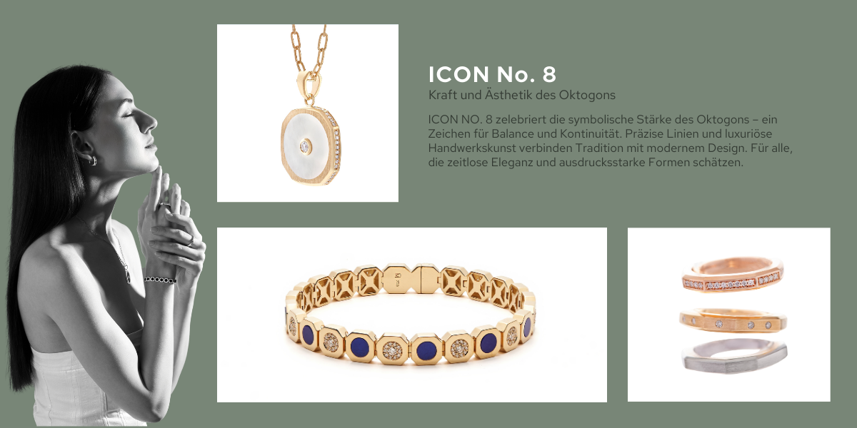 Eine Frau trägt eine Halskette und ein Armband mit den Worten Symbol Nr. 8 auf der Unterseite