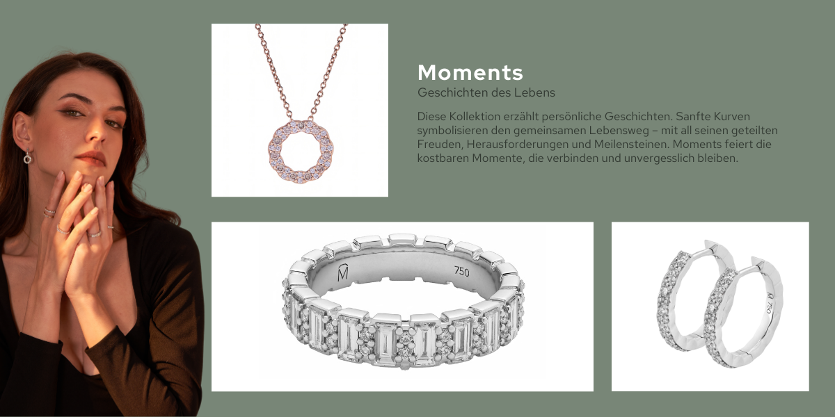 Eine Frau trägt eine Halskette und einen Ring mit den Worten „Moments“ auf der Unterseite