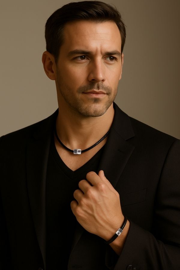 Mann in schwarzem Blazer und V-Ausschnitt, mit Halskette und Armband. Er posiert und blickt an der Kamera vorbei. Neutraler Hintergrund.