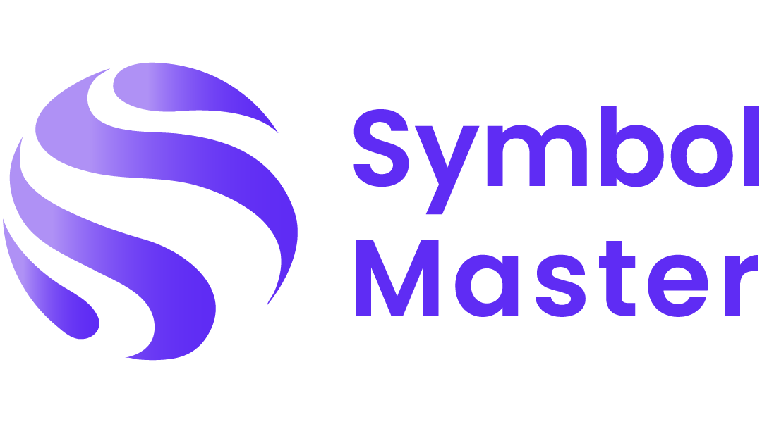 A logo for symbol master with a purple swirl on a white background.