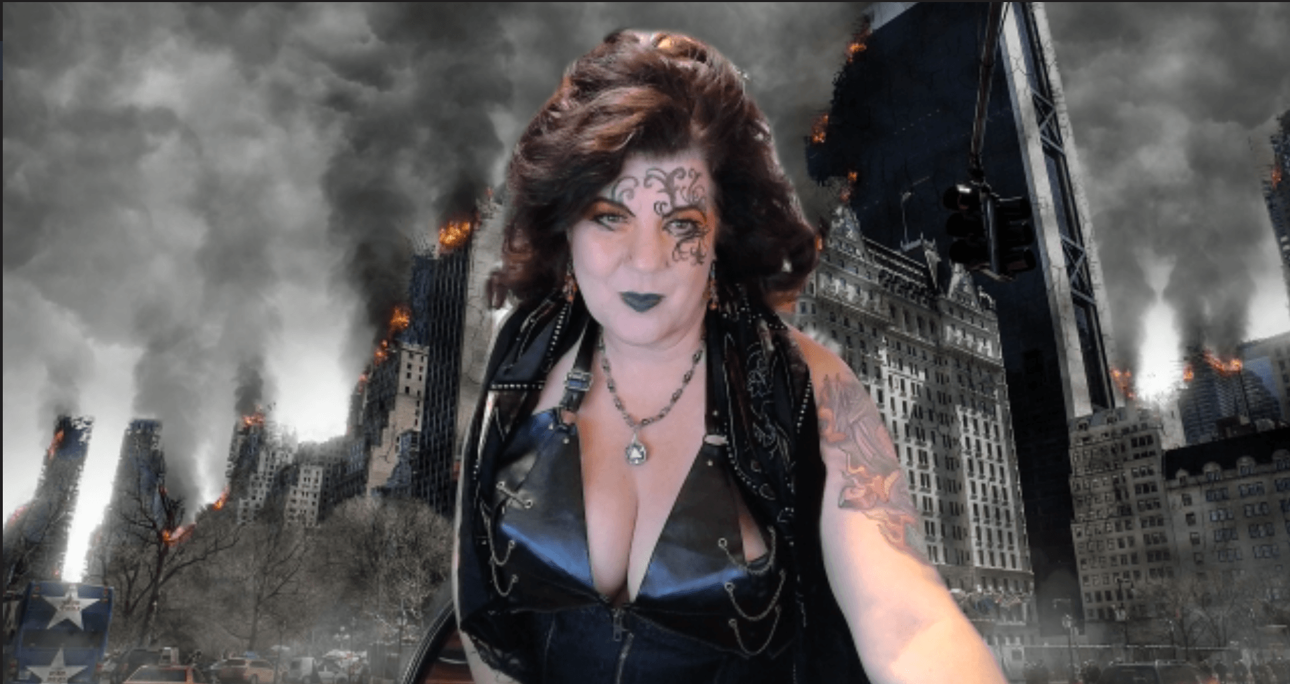 A woman in a black dress is standing in front of a city, representing Destruction.