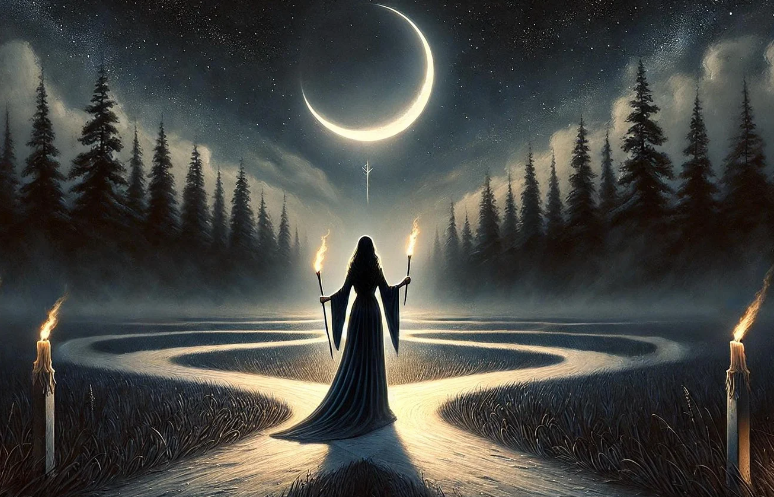 An AI generated image of Hekate standing at a crossroads with a torch in each hand under a New Moon in the starry night sky, candles flank the sides of the image.