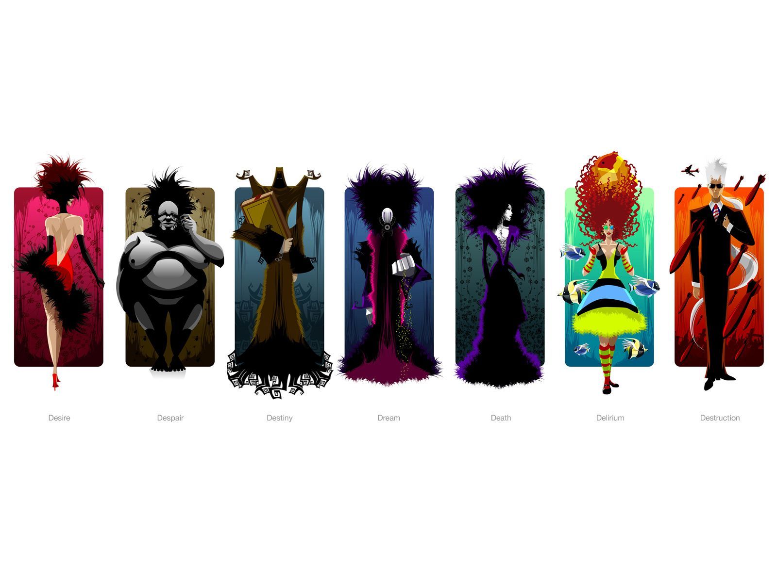 A group of cartoon characters standing next to each other on a white background.