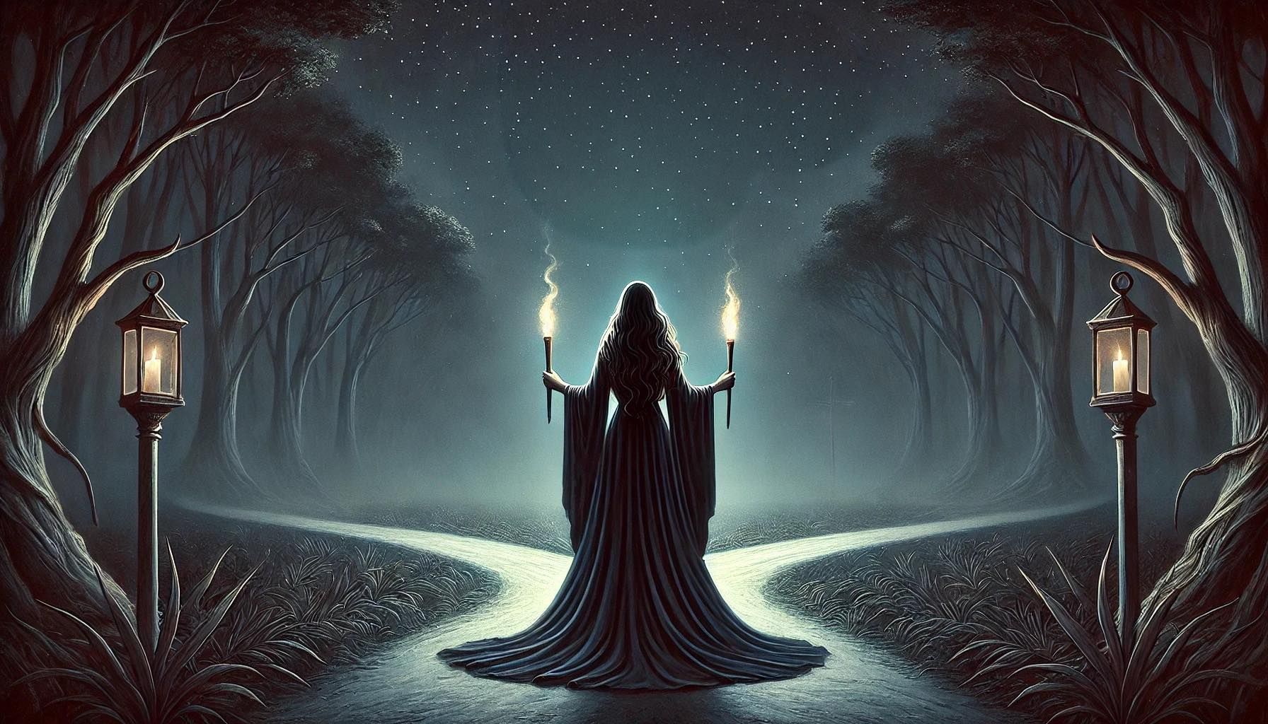 An AI generated image of Hekate standing at a crossroads with a torch in each hand under a starry night sky, lanterns flank the sides of the image.