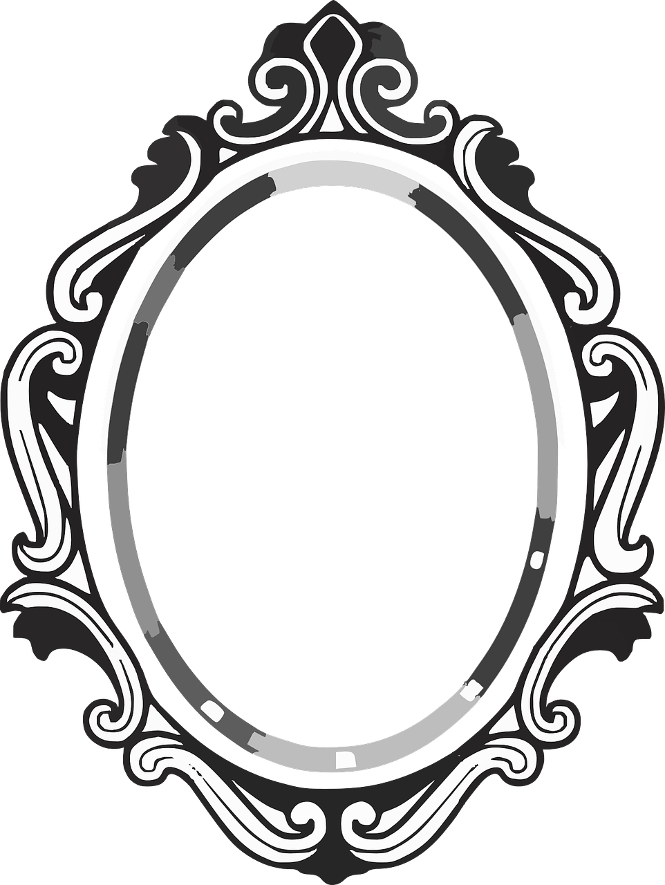 A black and white drawing of a mirror with a fancy frame.