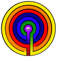 A rainbow colored circle with a heart in the middle
