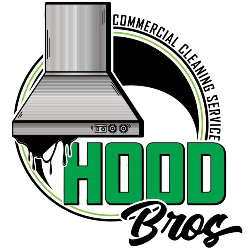 Logo for "Hood Bros" commercial cleaning. Features a range hood, green text, and black accents.