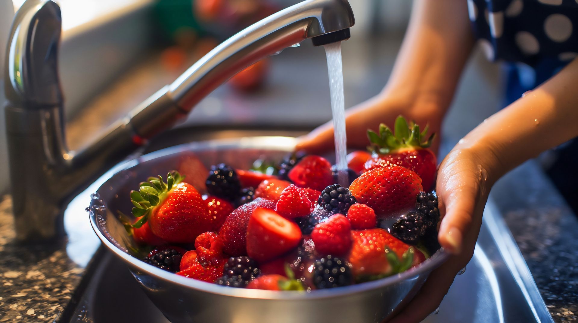 A person is washing berries in a bowl in a sink.