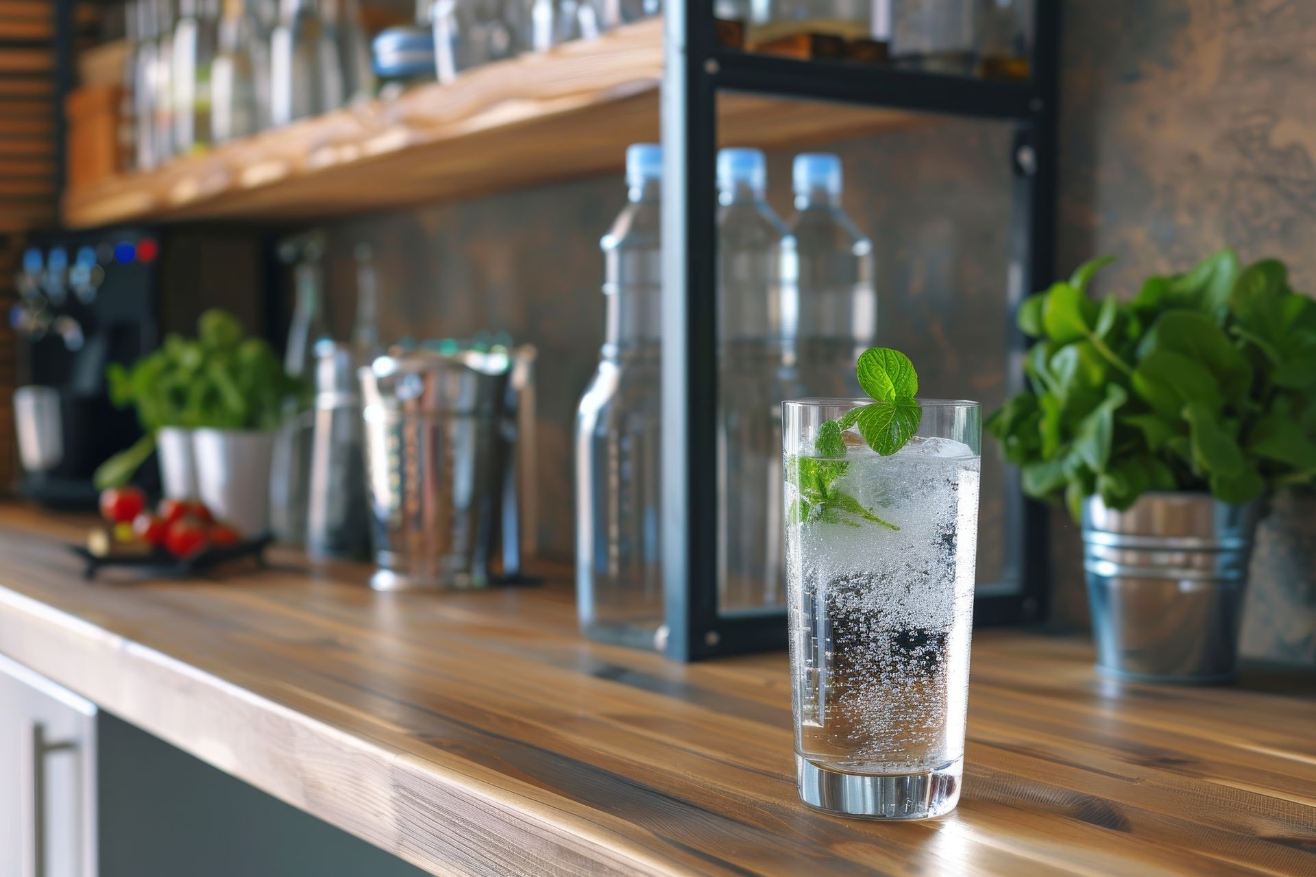 A glass of soda with ice and mint on a wooden counter.