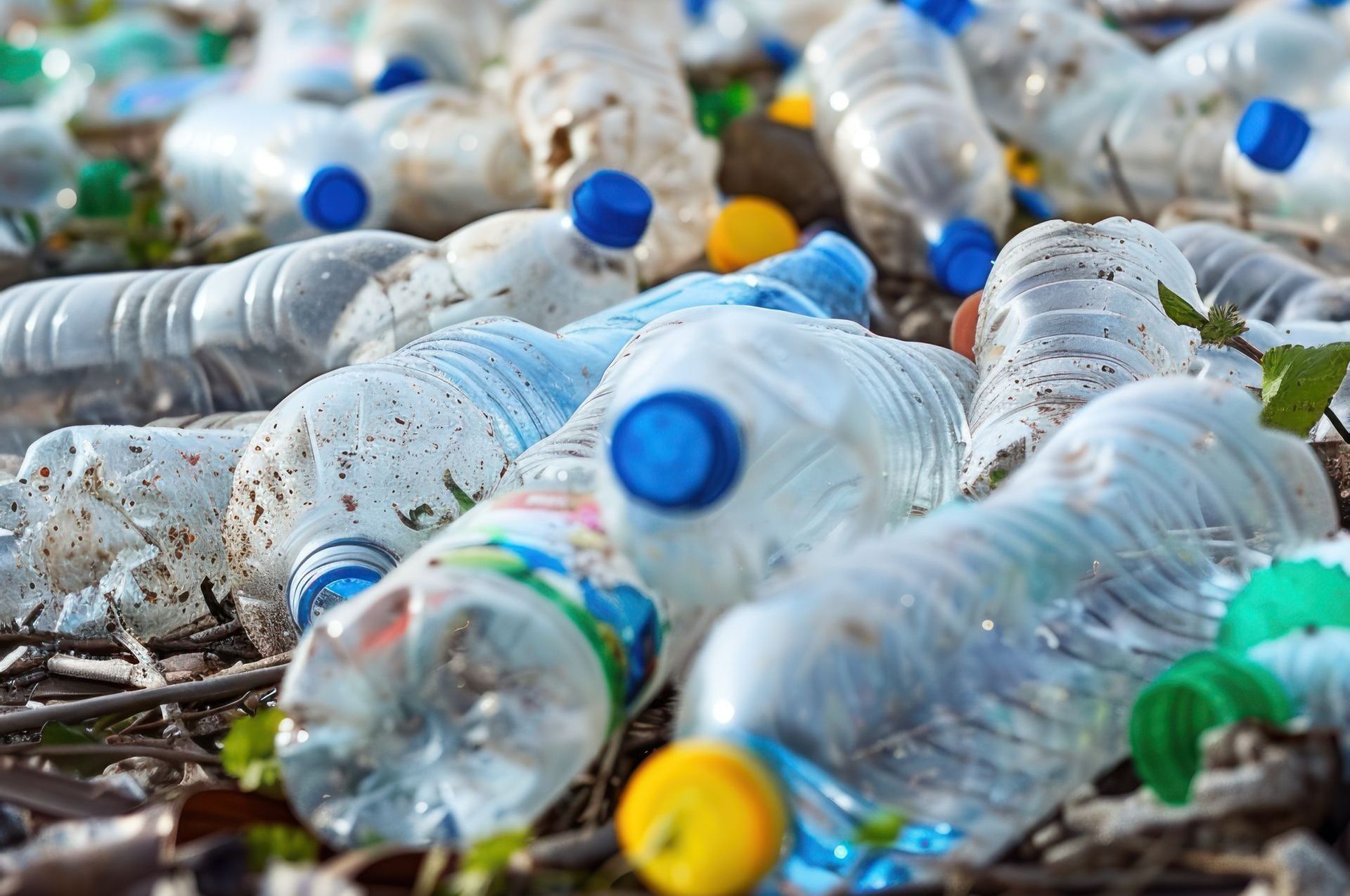 A pile of plastic water bottles on the ground on a beach.