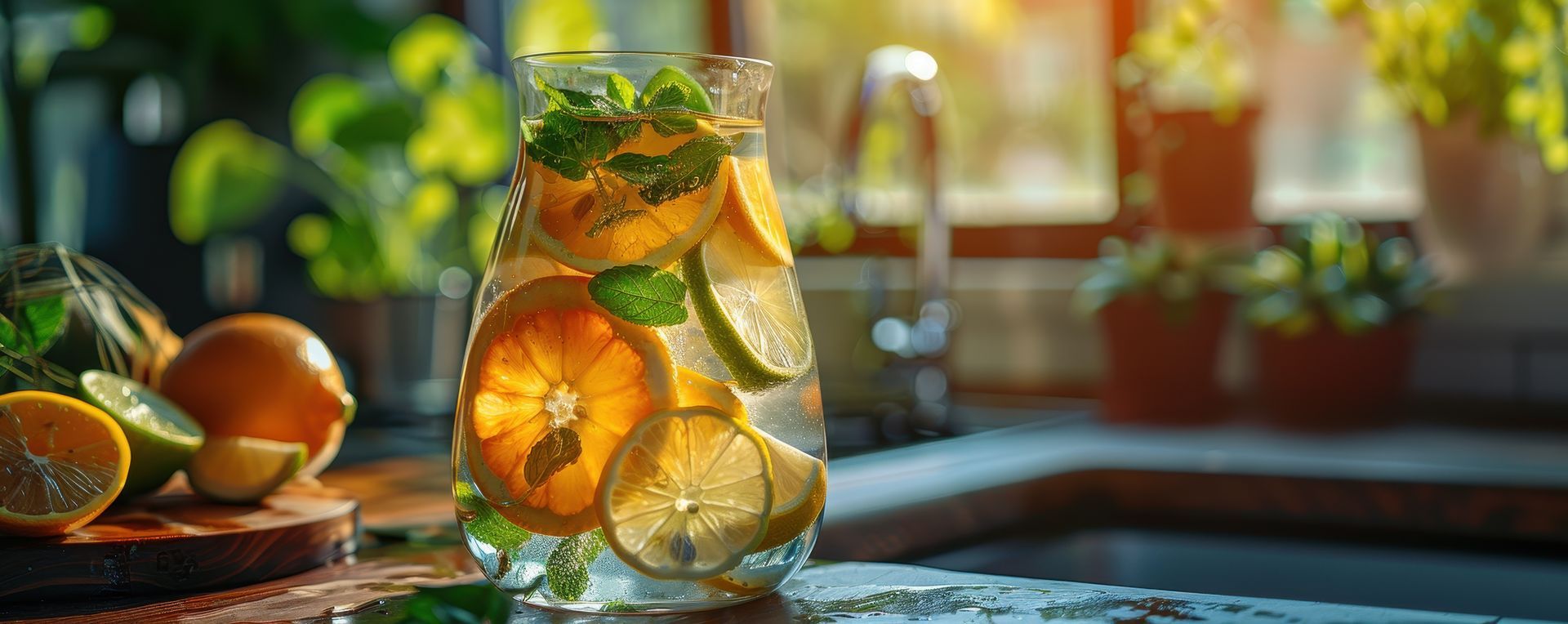 Glass pitcher of infused water with lemon, lime, and mint, placed on a sunny kitchen counter