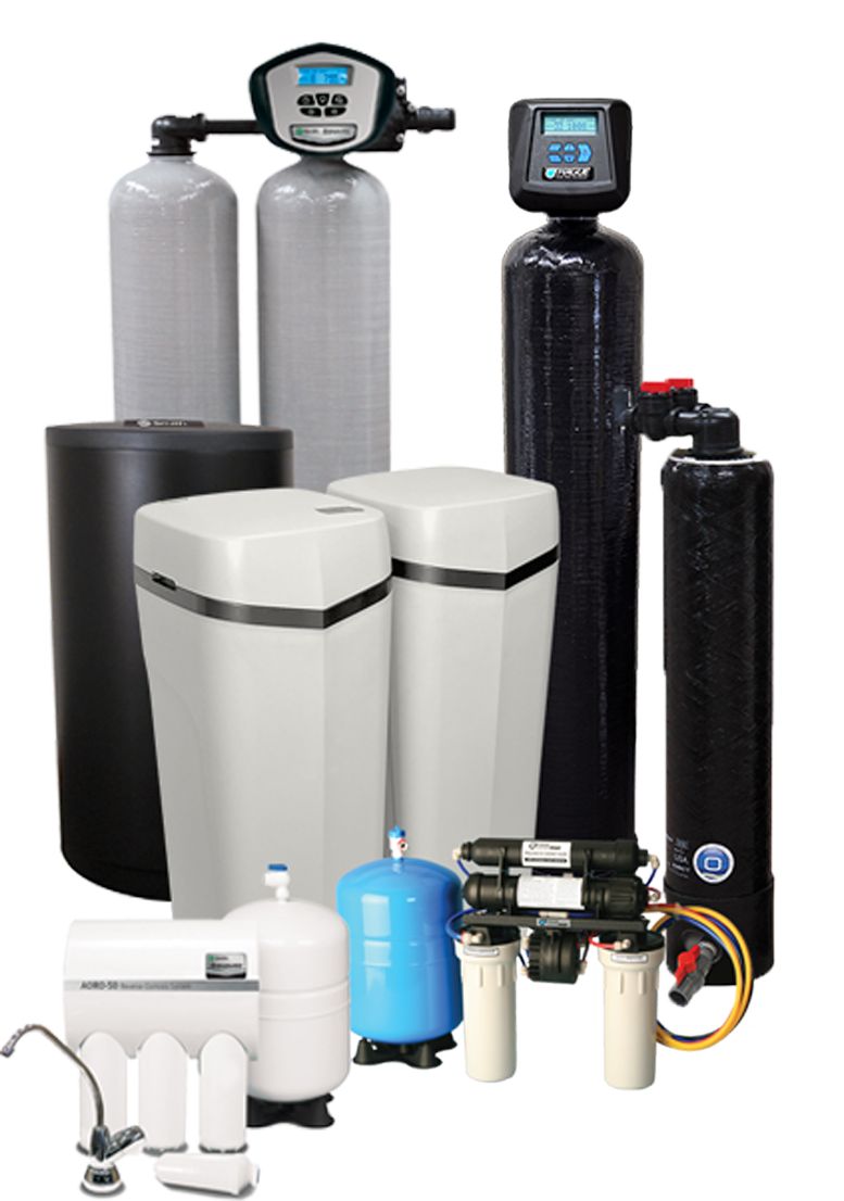 a group of water softeners and filters are sitting next to each other with a reverse osmosis system in front of them
