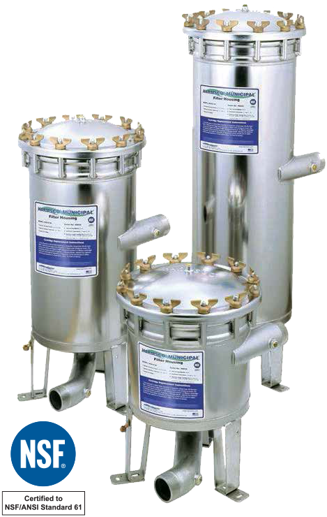 a group of water filters in stainless steel housings with NSF Certified logo