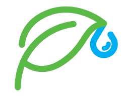 A green and blue logo with a leaf and a blue circle.