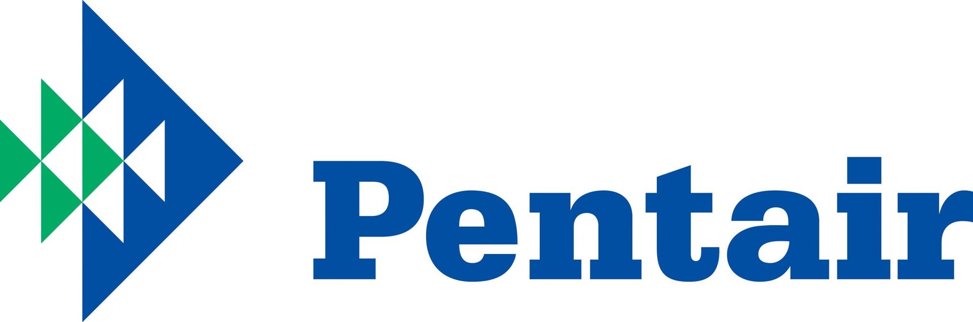 Logo that says pentair that includes small green triangles next to half of a large blue triangle