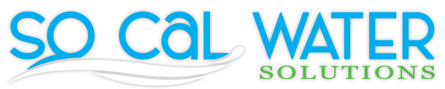 the logo for so cal water solutions that is blue and green with a water wave