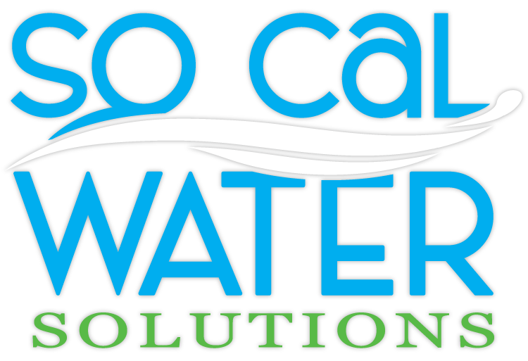 a blue and green logo for so cal water solutions with water wave