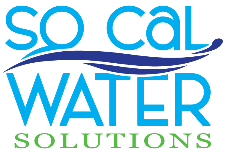 a blue and green logo for so cal water solutions with water wave
