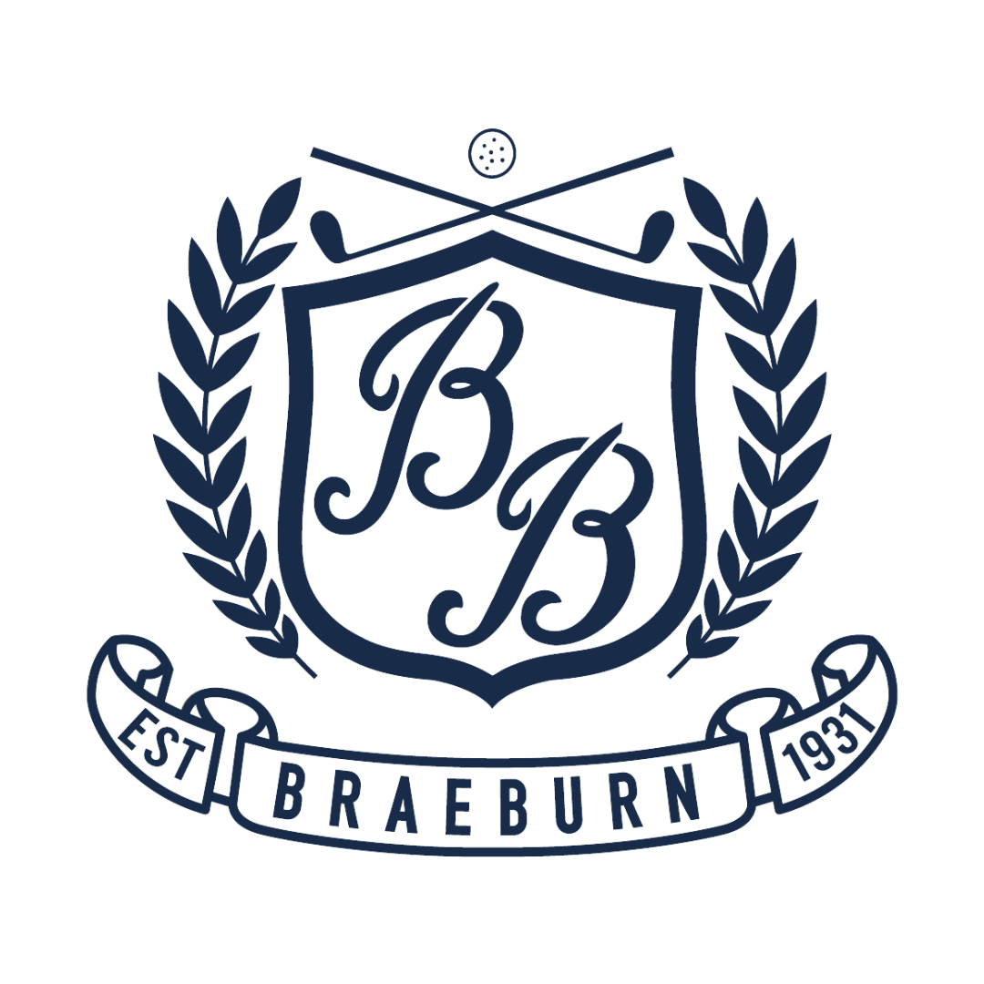 The logo for braeburn golf club is a shield with golf clubs and a golf ball.