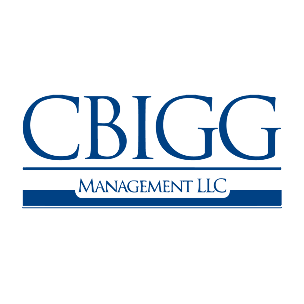 The logo for cbigg management llc is blue and white