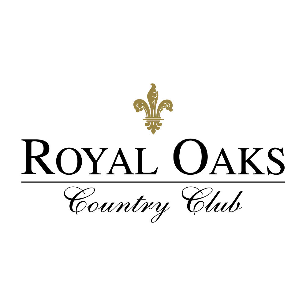 The logo for royal oaks country club has a fleur de lis on it.