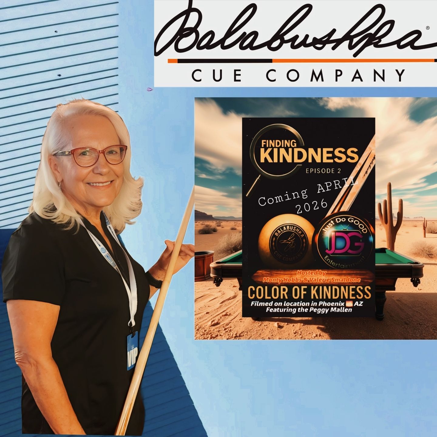 Woman holding a pool cue next to an advertisement for