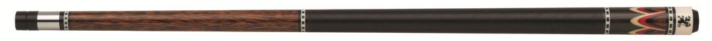 A cue stick with a brown wooden grip, black shaft, and a white end with an image.