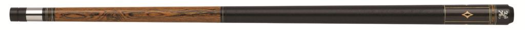 Pool cue with a wooden grip and black shaft.