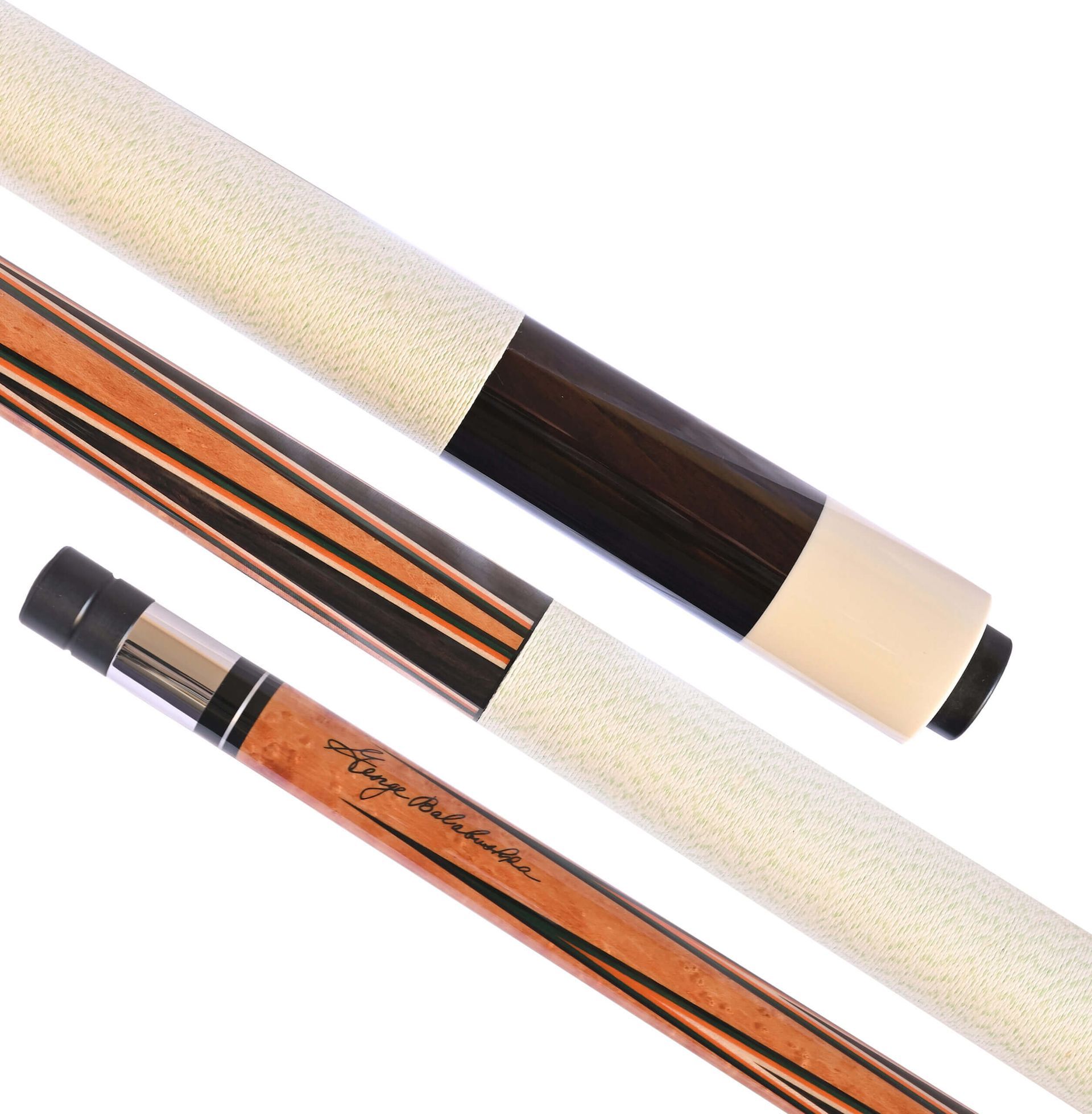 Three-piece pool cue with light-colored, textured grip and alternating dark and light wood sections.
