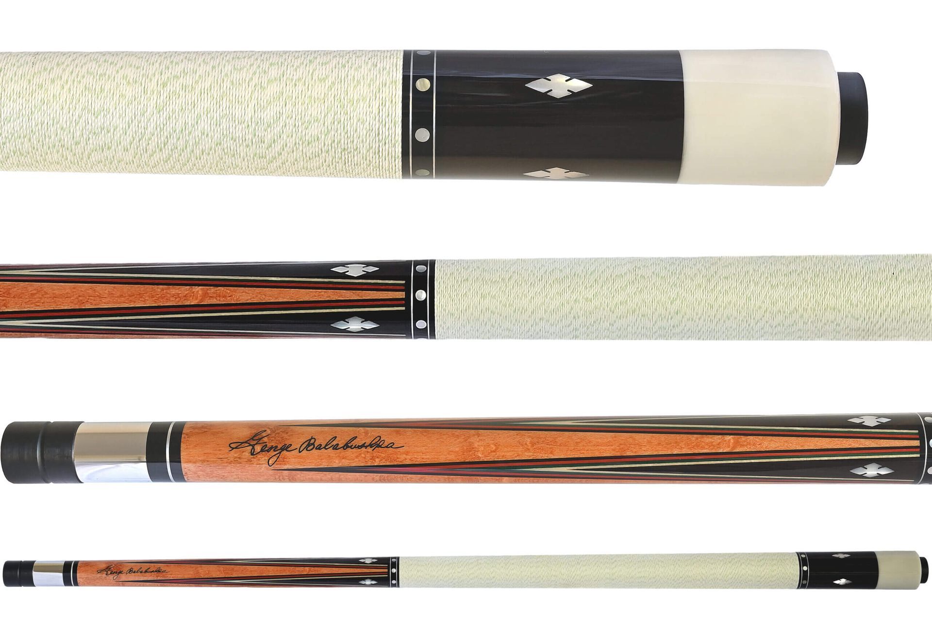 Four pool cues with light-colored grips and dark wood accents.