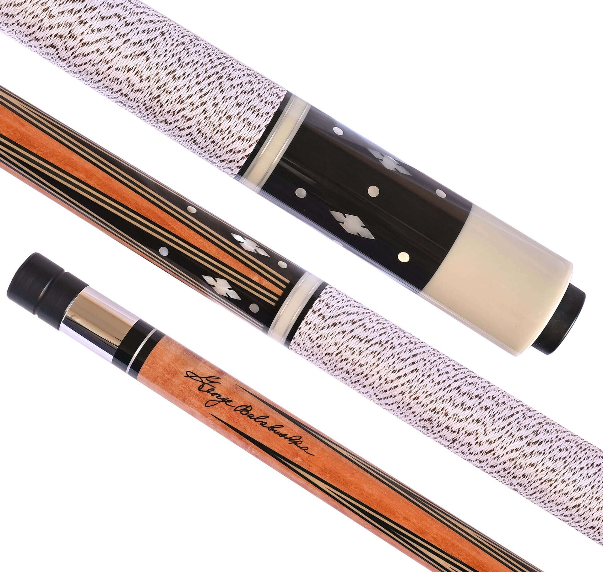 A three-piece pool cue with black, orange, and white details and a space-themed design.