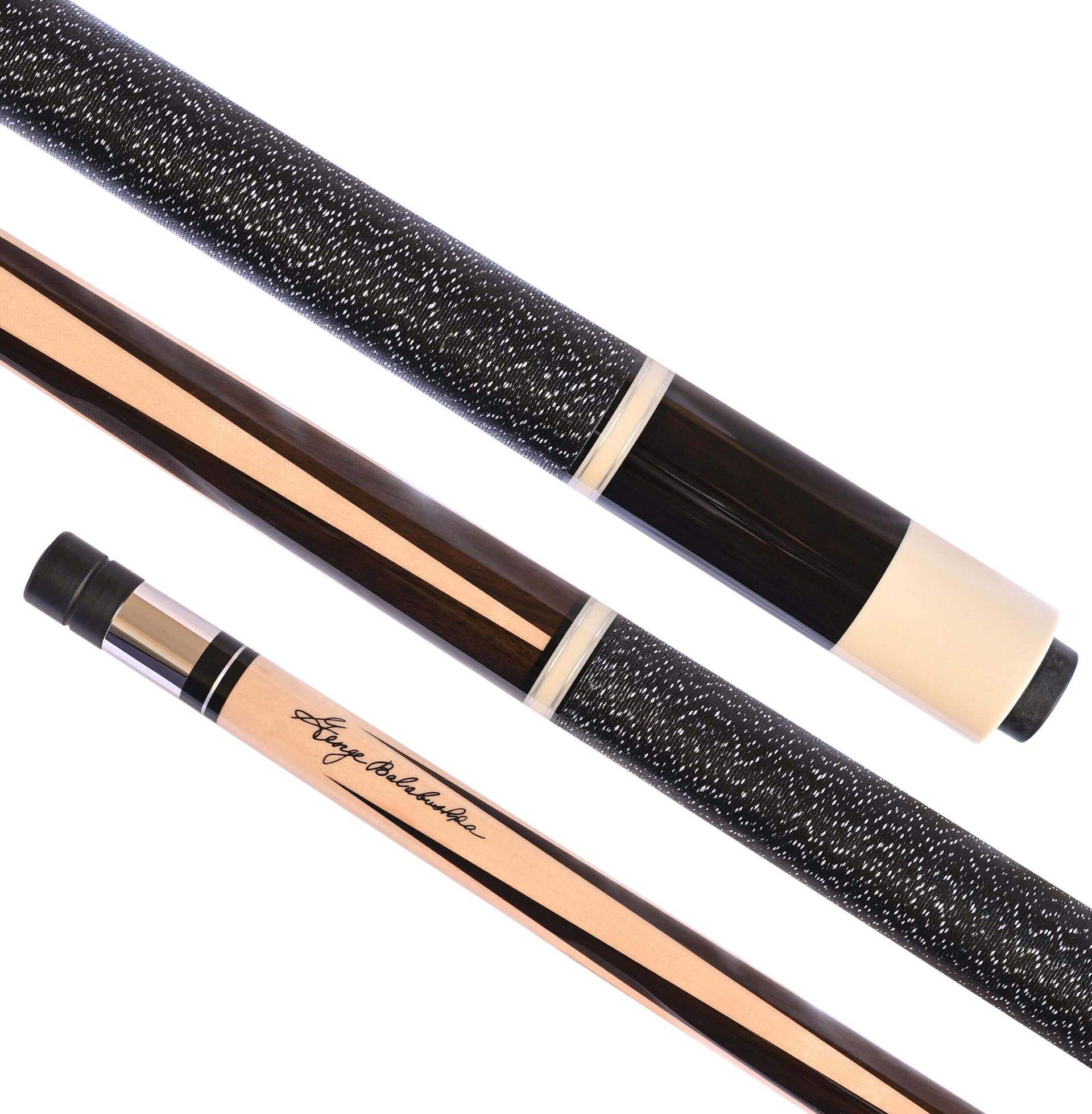 Three-piece pool cue with black and light wood details and a textured black grip.