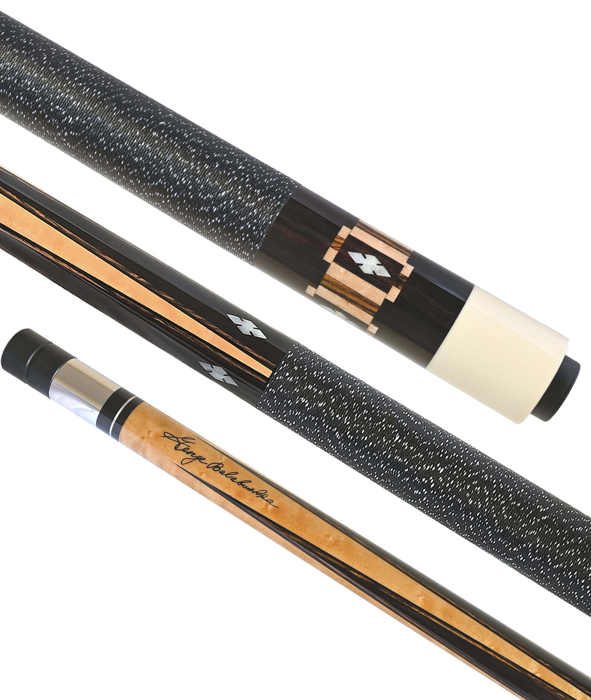 Pool cue with black and speckled grip, wood shaft, ivory ferrule.