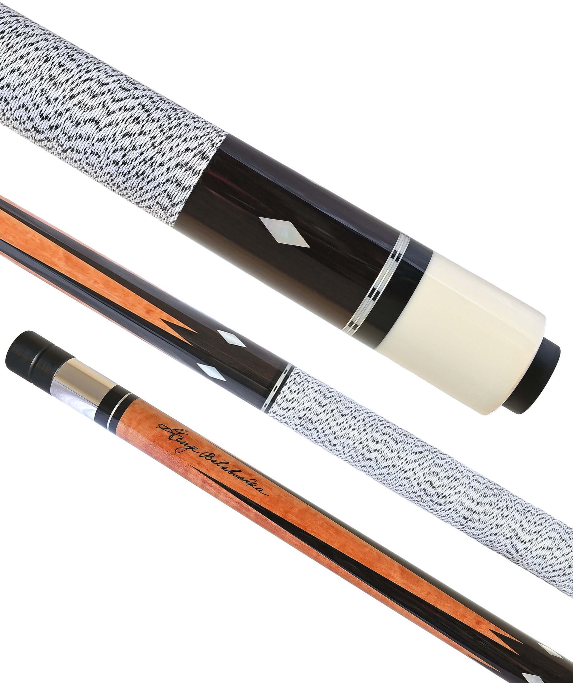 Pool cue with black, orange, and white details, including a diamond inlay and a textured grip.