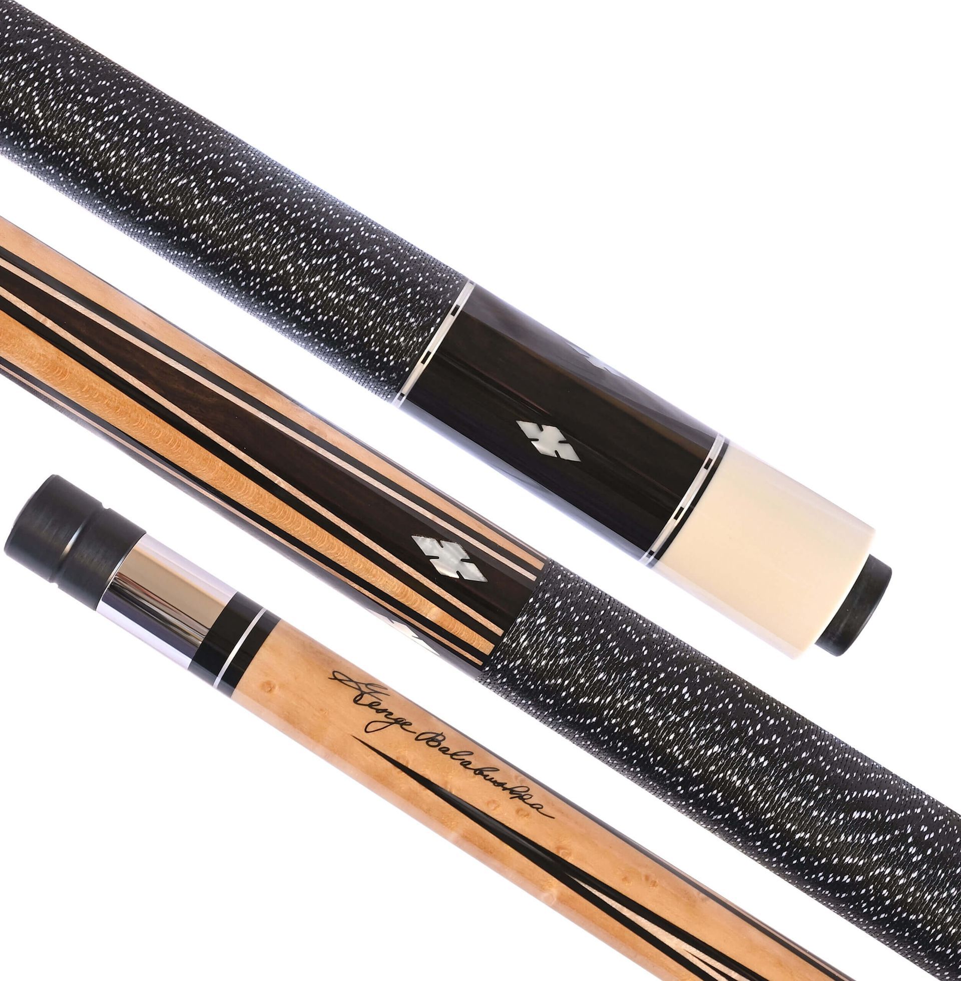 Three-piece pool cue, black and light wood. Textured grip with inlaid accents. Text on the bottom section.