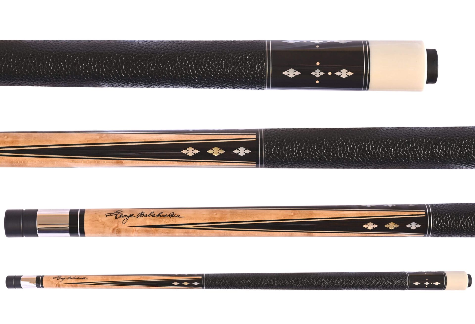 Four-piece pool cue with black grip, cream tip, and brown and black wood design.