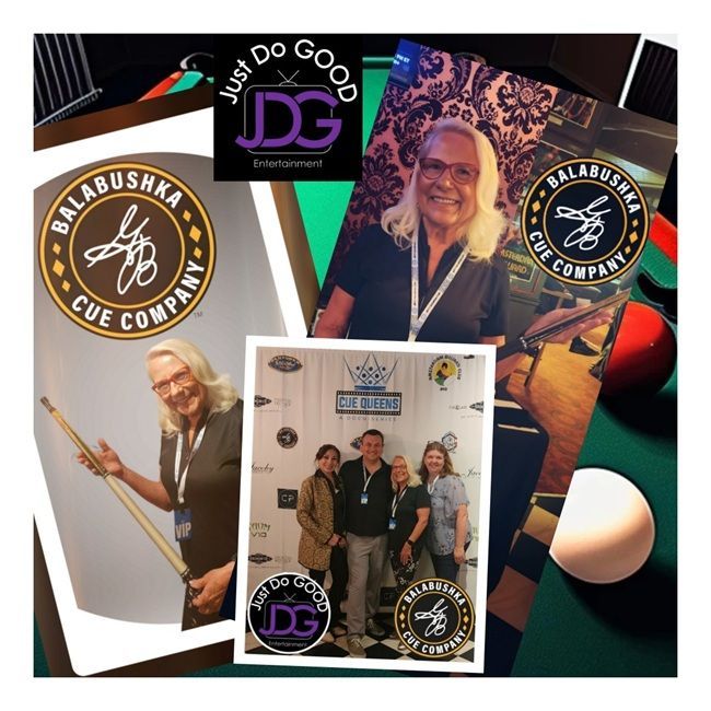 Collage: Man with long hair posing with pool cues and friends at 