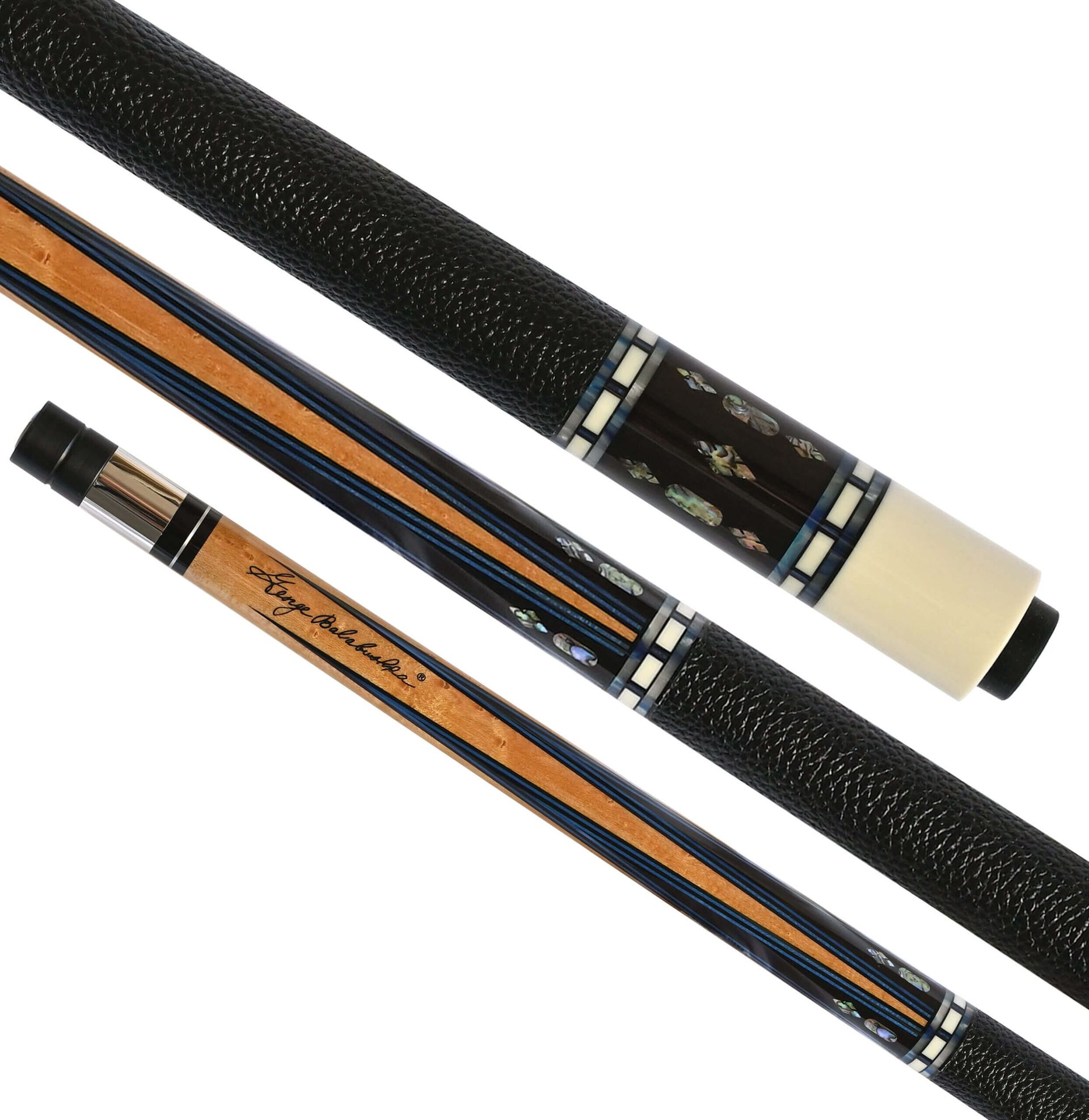 Pool cue with a black grip and wooden shaft with blue inlays.