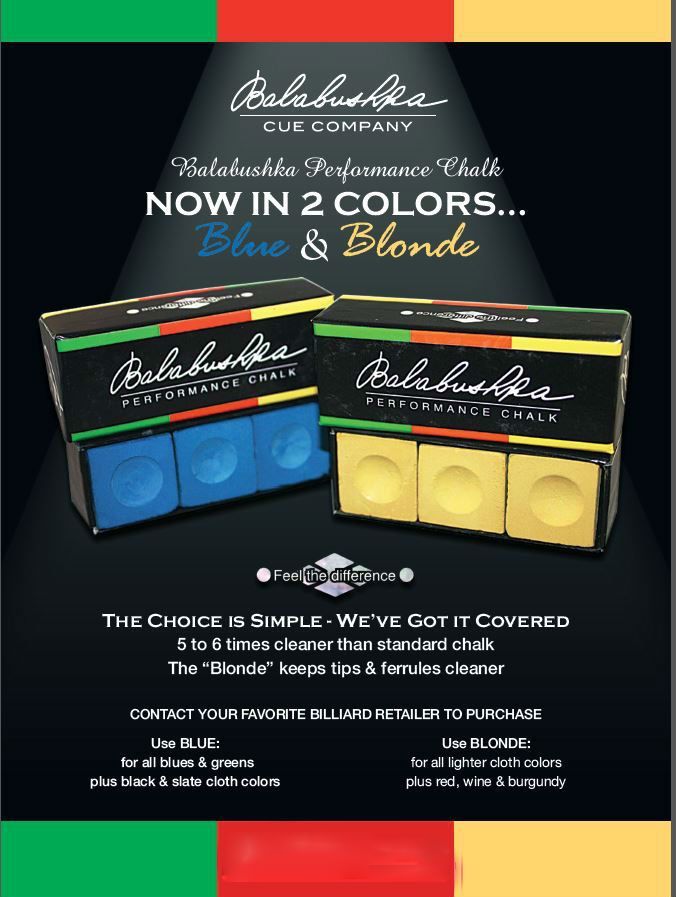 Advertisement for Balabushka cue chalk, available in blue and blonde. Boxes with chalk are displayed.