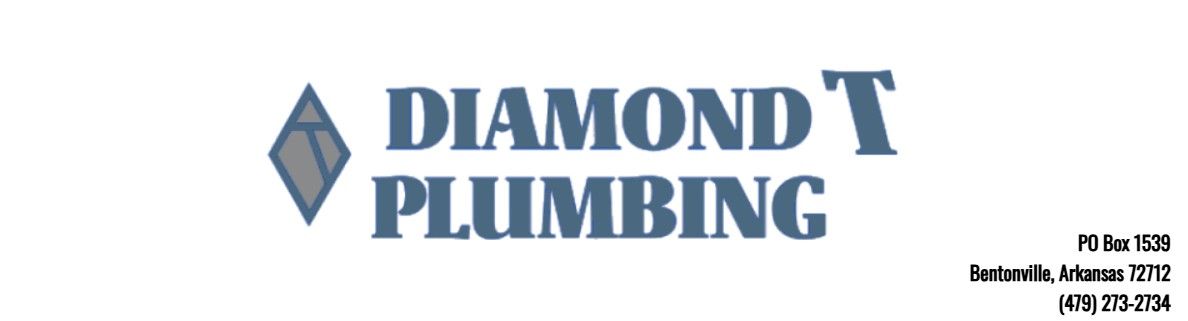 Logo for Diamond T Plumbing in grey text with a diamond icon, including PO Box and phone number in the lower right corner.