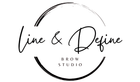 Logo for Line & Define Brow Studio; script text "Line & Define" within a brushed-on circle, with "Brow Studio" below.