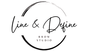 Logo for Line & Define Brow Studio; script text "Line & Define" within a brushed-on circle, with "Brow Studio" below.