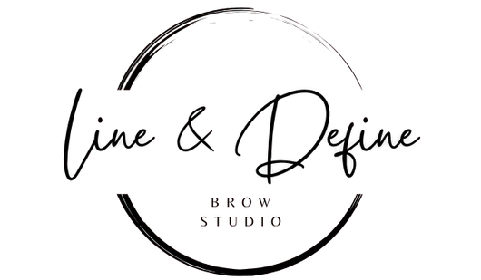 Logo for Line & Define Brow Studio; script text "Line & Define" within a brushed-on circle, with "Brow Studio" below.