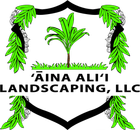 Logo for 'Āina Ali'i Landscaping, LLC, featuring a shield with a palm tree, green foliage, and black text on white.