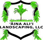 Logo for 'Āina Ali'i Landscaping, LLC, featuring a shield with a palm tree, green foliage, and black text on white.