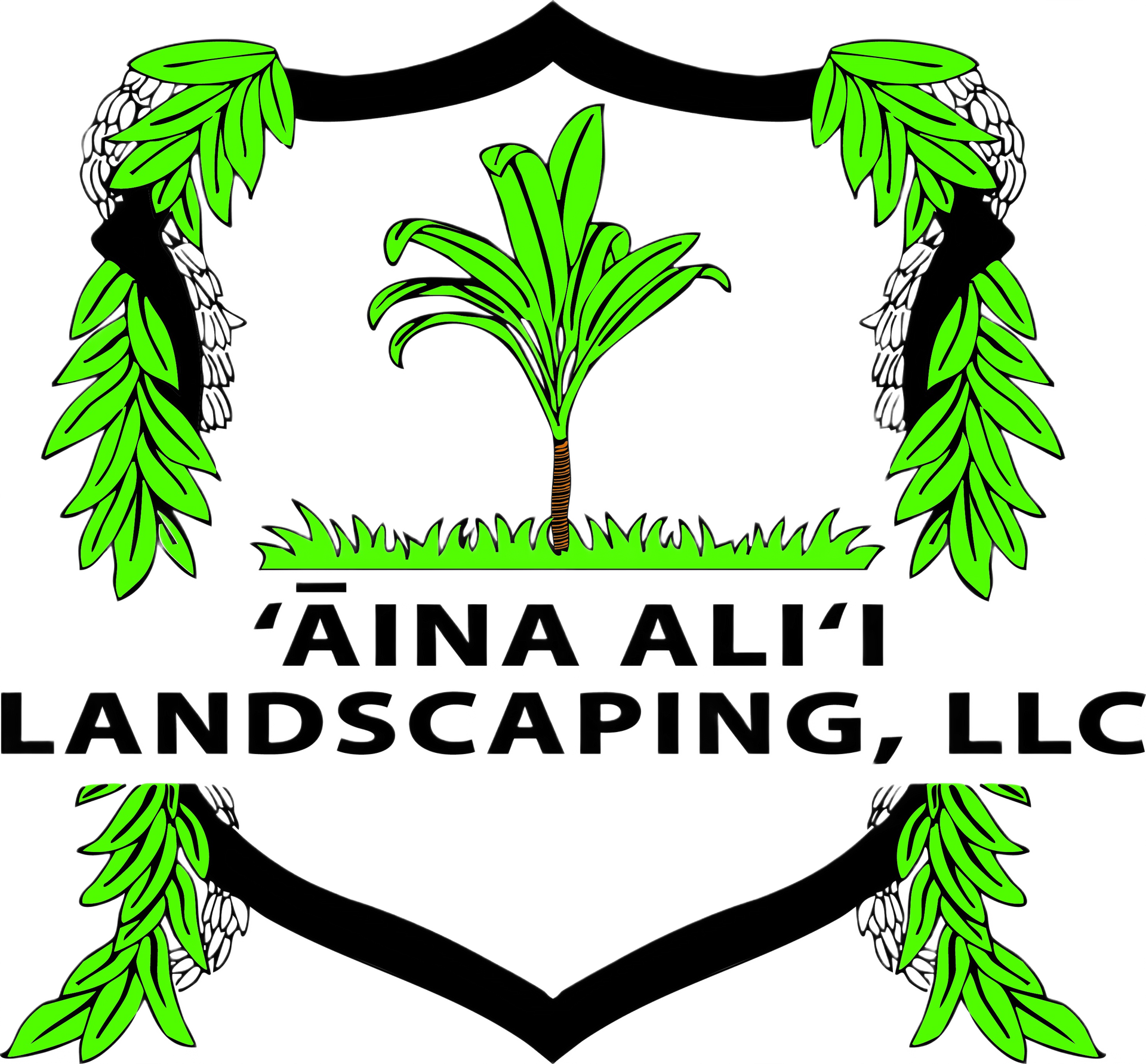 Logo for 'Āina Ali'i Landscaping, LLC, featuring a shield with a palm tree, green foliage, and black text on white.
